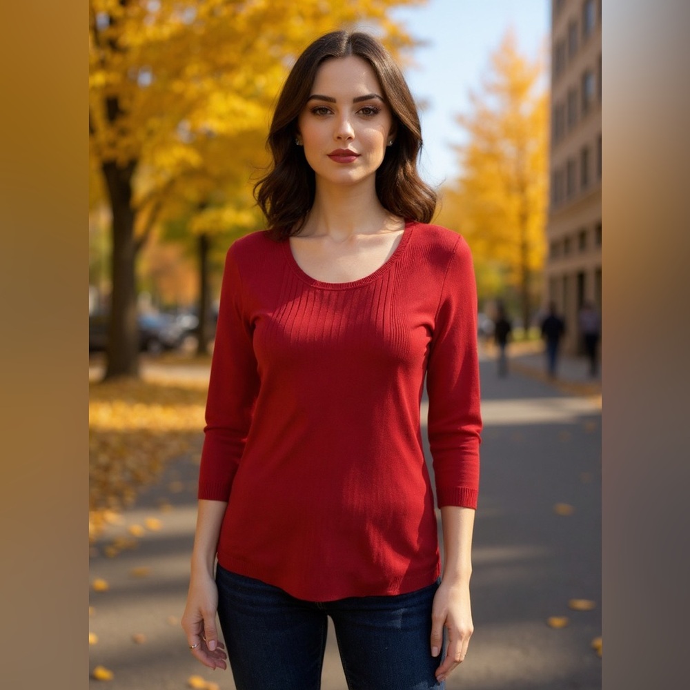 Chaus red silk sweater size medium round neck spandex quarter sleeve ribbed